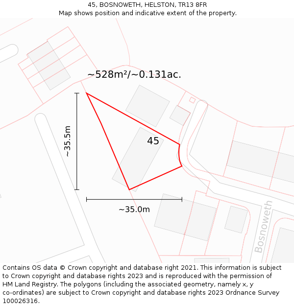45, BOSNOWETH, HELSTON, TR13 8FR: Plot and title map