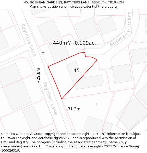 45, BOSVEAN GARDENS, PAYNTERS LANE, REDRUTH, TR16 4DH: Plot and title map