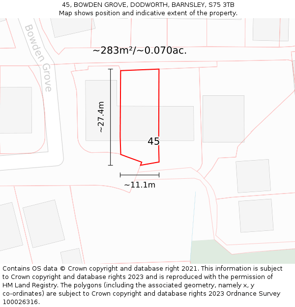 45, BOWDEN GROVE, DODWORTH, BARNSLEY, S75 3TB: Plot and title map