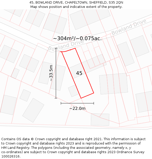 45, BOWLAND DRIVE, CHAPELTOWN, SHEFFIELD, S35 2QN: Plot and title map