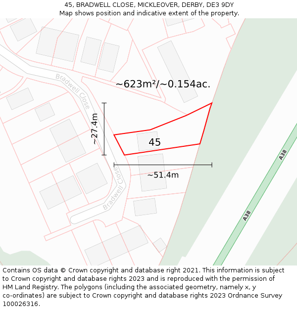 45, BRADWELL CLOSE, MICKLEOVER, DERBY, DE3 9DY: Plot and title map
