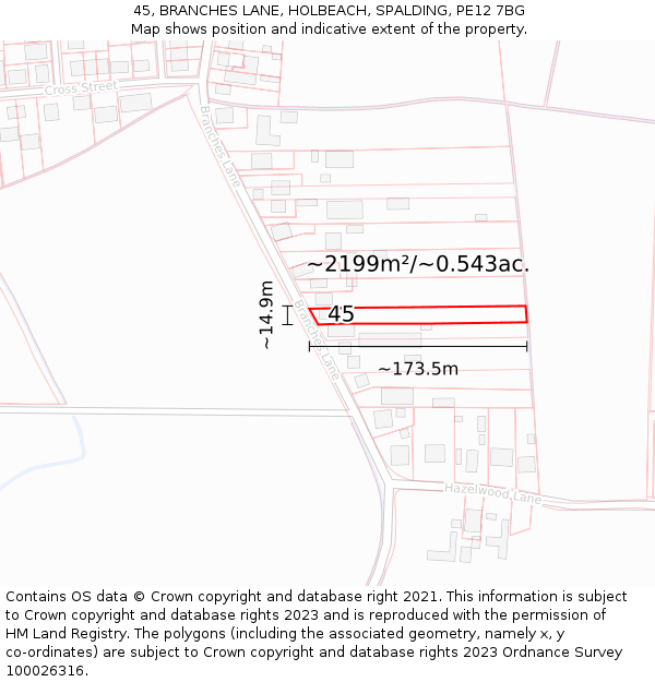 45, BRANCHES LANE, HOLBEACH, SPALDING, PE12 7BG: Plot and title map