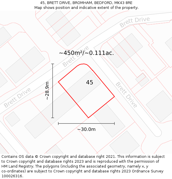 45, BRETT DRIVE, BROMHAM, BEDFORD, MK43 8RE: Plot and title map