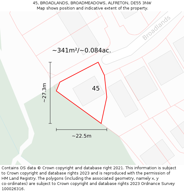45, BROADLANDS, BROADMEADOWS, ALFRETON, DE55 3NW: Plot and title map