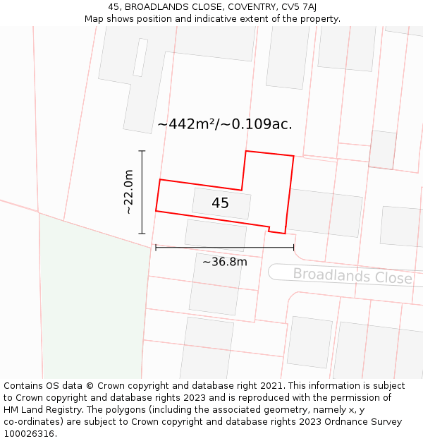 45, BROADLANDS CLOSE, COVENTRY, CV5 7AJ: Plot and title map