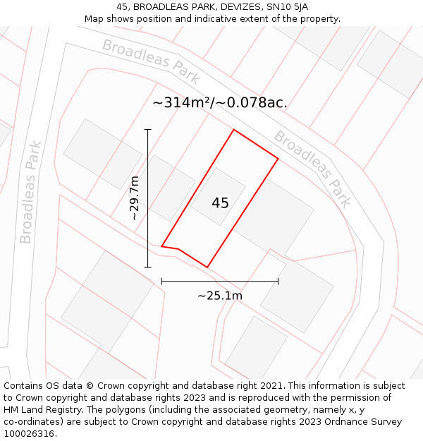 45, BROADLEAS PARK, DEVIZES, SN10 5JA: Plot and title map
