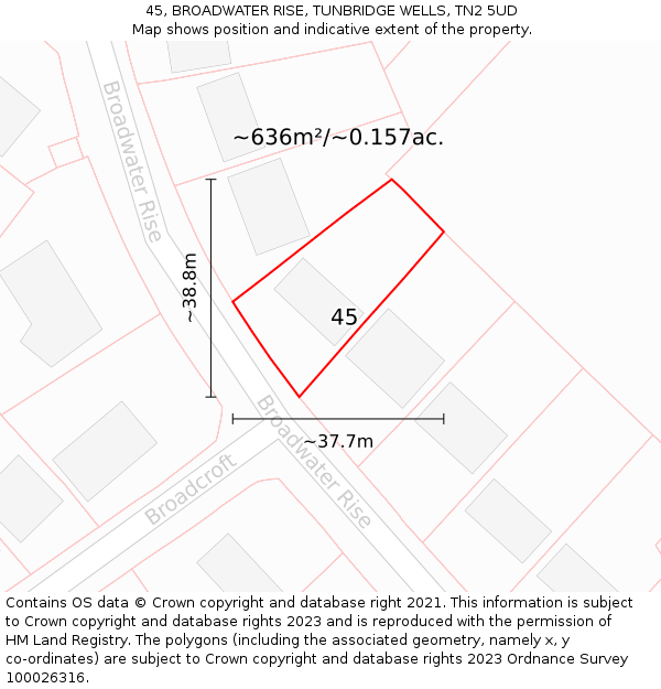 45, BROADWATER RISE, TUNBRIDGE WELLS, TN2 5UD: Plot and title map