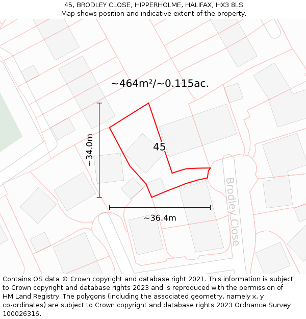 45, BRODLEY CLOSE, HIPPERHOLME, HALIFAX, HX3 8LS: Plot and title map
