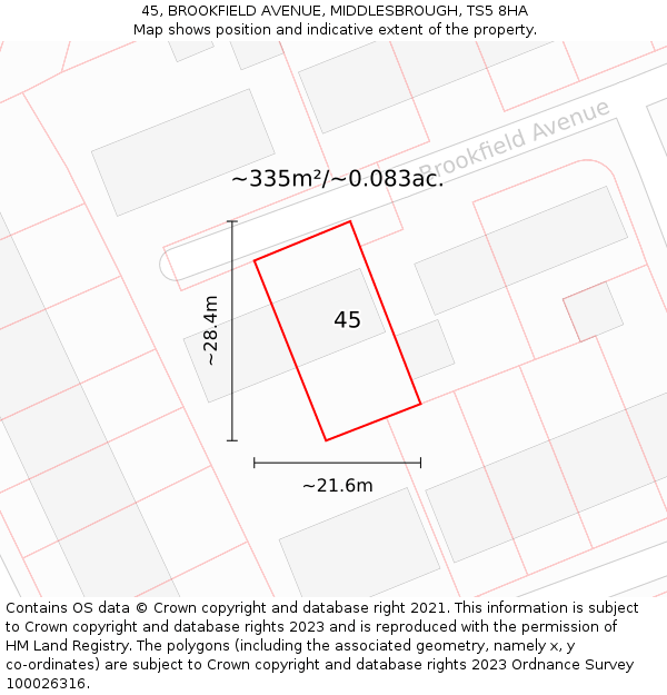 45, BROOKFIELD AVENUE, MIDDLESBROUGH, TS5 8HA: Plot and title map