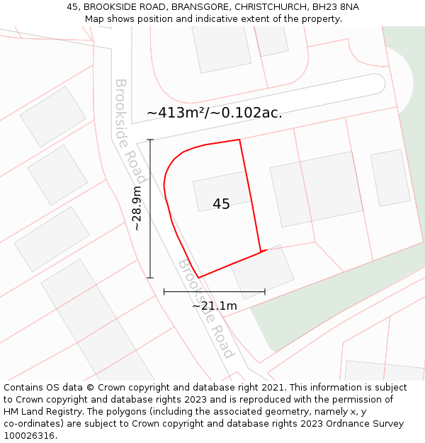 45, BROOKSIDE ROAD, BRANSGORE, CHRISTCHURCH, BH23 8NA: Plot and title map