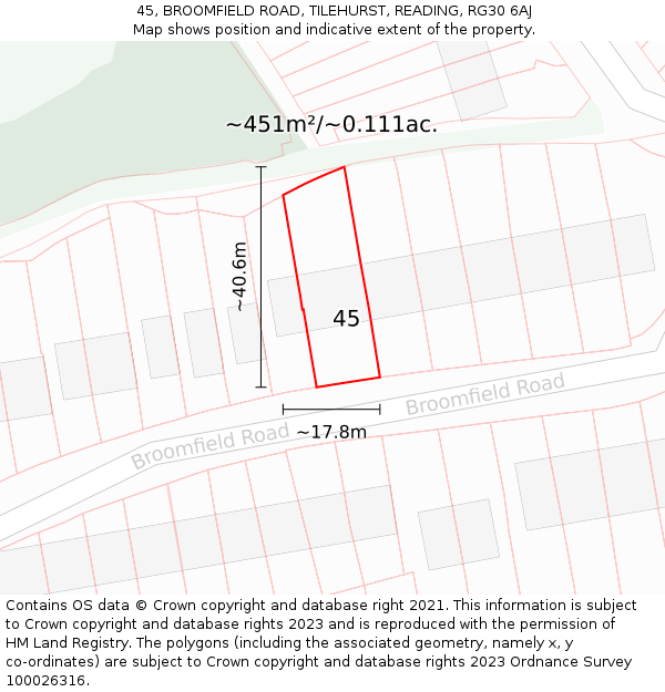 45, BROOMFIELD ROAD, TILEHURST, READING, RG30 6AJ: Plot and title map