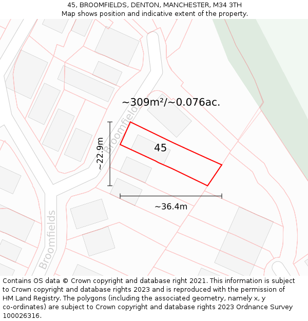 45, BROOMFIELDS, DENTON, MANCHESTER, M34 3TH: Plot and title map