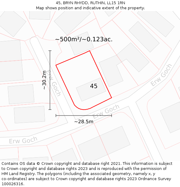 45, BRYN RHYDD, RUTHIN, LL15 1RN: Plot and title map