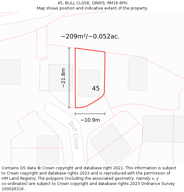 45, BULL CLOSE, GRAYS, RM16 6PN: Plot and title map