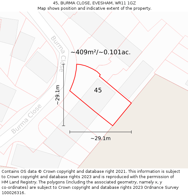 45, BURMA CLOSE, EVESHAM, WR11 1GZ: Plot and title map