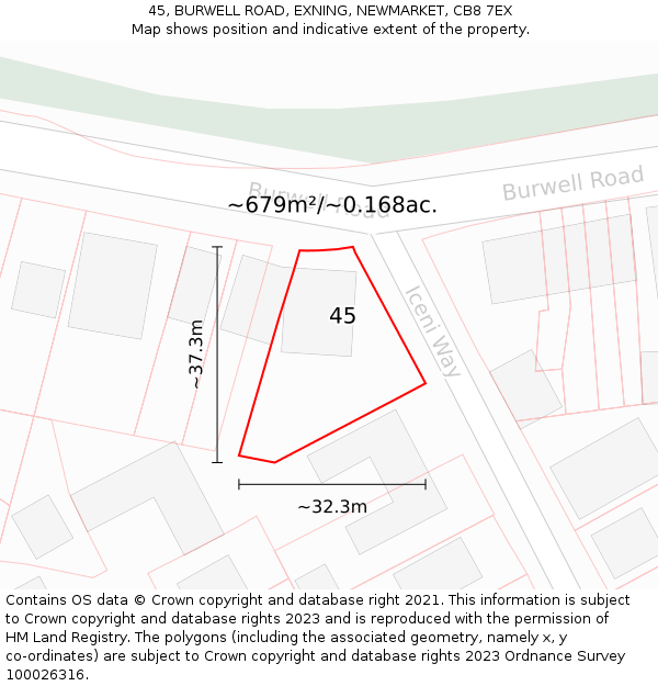 45, BURWELL ROAD, EXNING, NEWMARKET, CB8 7EX: Plot and title map