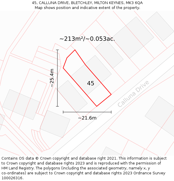 45, CALLUNA DRIVE, BLETCHLEY, MILTON KEYNES, MK3 6QA: Plot and title map