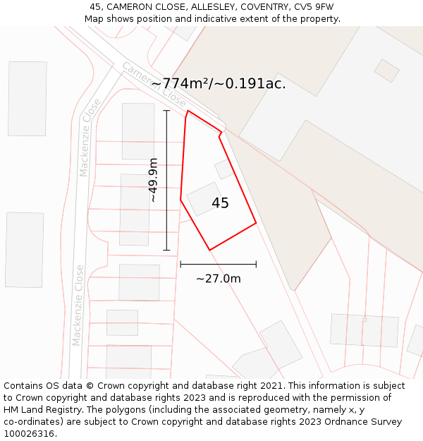 45, CAMERON CLOSE, ALLESLEY, COVENTRY, CV5 9FW: Plot and title map