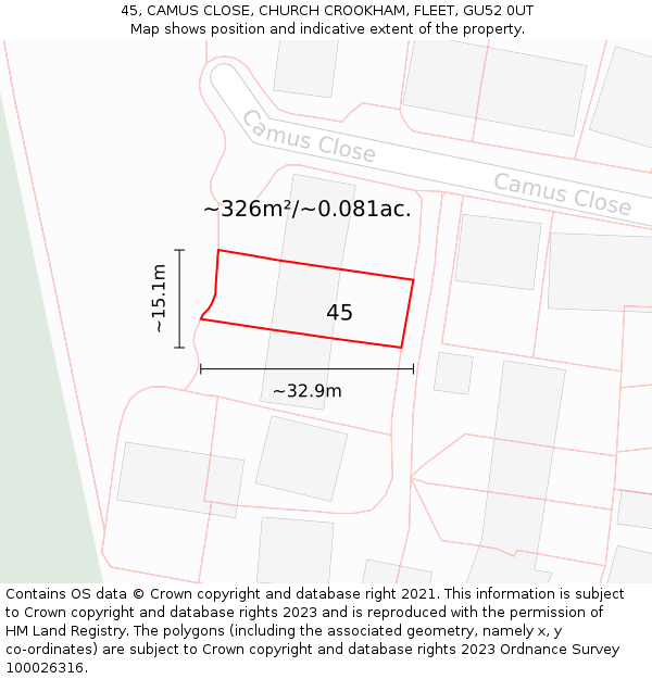 45, CAMUS CLOSE, CHURCH CROOKHAM, FLEET, GU52 0UT: Plot and title map