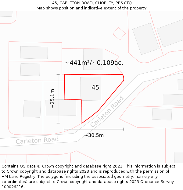 45, CARLETON ROAD, CHORLEY, PR6 8TQ: Plot and title map