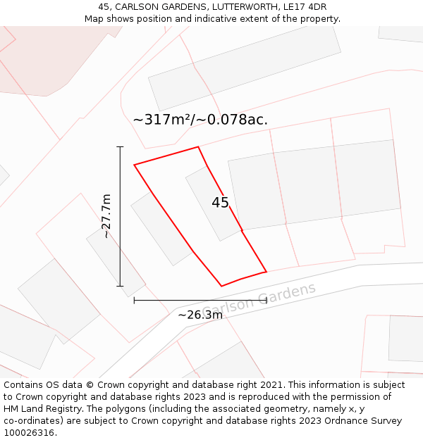 45, CARLSON GARDENS, LUTTERWORTH, LE17 4DR: Plot and title map