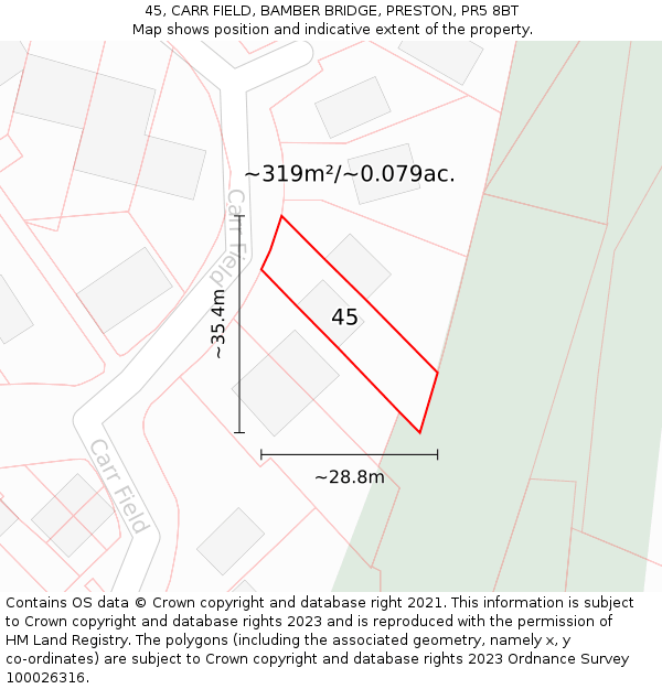 45, CARR FIELD, BAMBER BRIDGE, PRESTON, PR5 8BT: Plot and title map