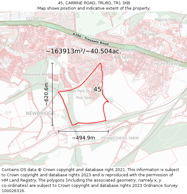 45, CARRINE ROAD, TRURO, TR1 3XB: Plot and title map