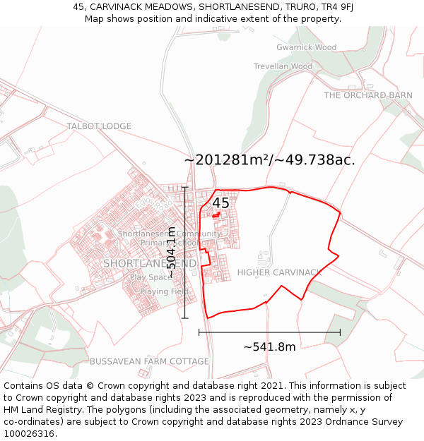 45, CARVINACK MEADOWS, SHORTLANESEND, TRURO, TR4 9FJ: Plot and title map