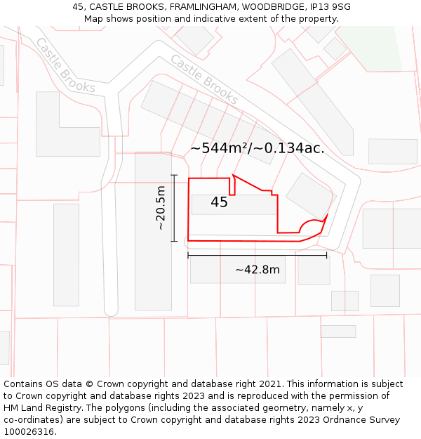 45, CASTLE BROOKS, FRAMLINGHAM, WOODBRIDGE, IP13 9SG: Plot and title map