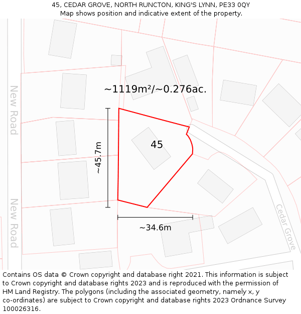 45, CEDAR GROVE, NORTH RUNCTON, KING'S LYNN, PE33 0QY: Plot and title map