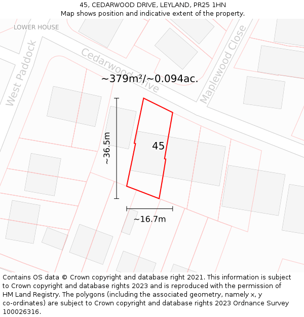 45, CEDARWOOD DRIVE, LEYLAND, PR25 1HN: Plot and title map
