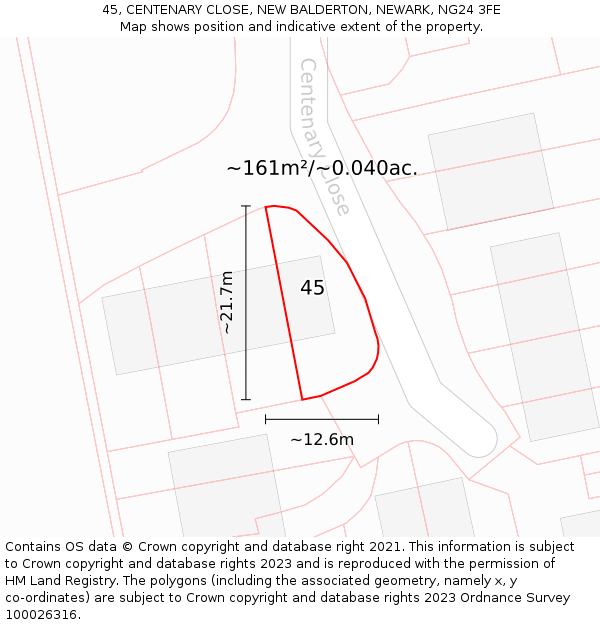 45, CENTENARY CLOSE, NEW BALDERTON, NEWARK, NG24 3FE: Plot and title map
