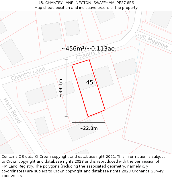 45, CHANTRY LANE, NECTON, SWAFFHAM, PE37 8ES: Plot and title map