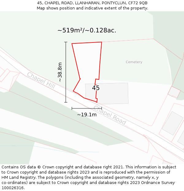 45, CHAPEL ROAD, LLANHARAN, PONTYCLUN, CF72 9QB: Plot and title map