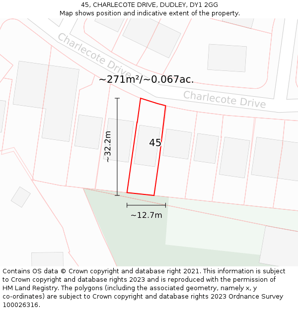45, CHARLECOTE DRIVE, DUDLEY, DY1 2GG: Plot and title map
