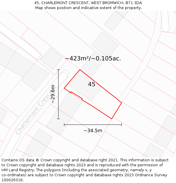 45, CHARLEMONT CRESCENT, WEST BROMWICH, B71 3DA: Plot and title map