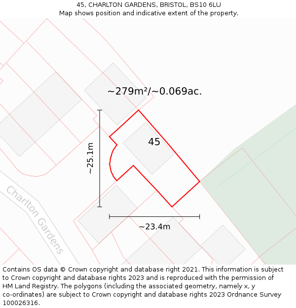 45, CHARLTON GARDENS, BRISTOL, BS10 6LU: Plot and title map