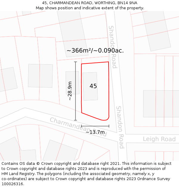 45, CHARMANDEAN ROAD, WORTHING, BN14 9NA: Plot and title map