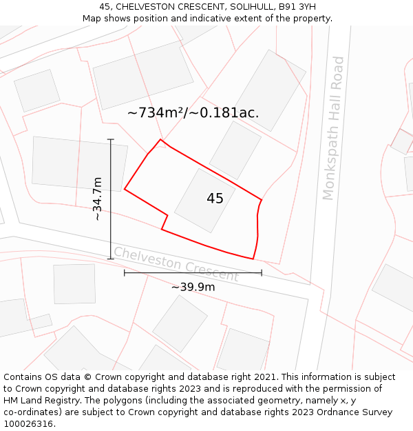 45, CHELVESTON CRESCENT, SOLIHULL, B91 3YH: Plot and title map