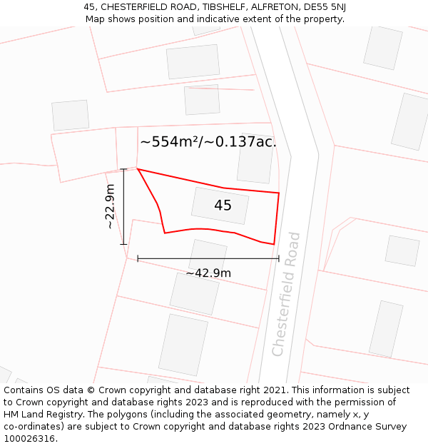 45, CHESTERFIELD ROAD, TIBSHELF, ALFRETON, DE55 5NJ: Plot and title map