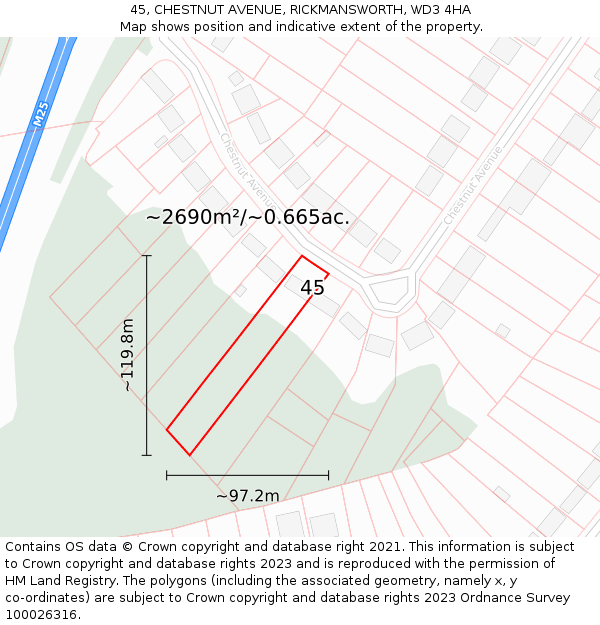 45, CHESTNUT AVENUE, RICKMANSWORTH, WD3 4HA: Plot and title map