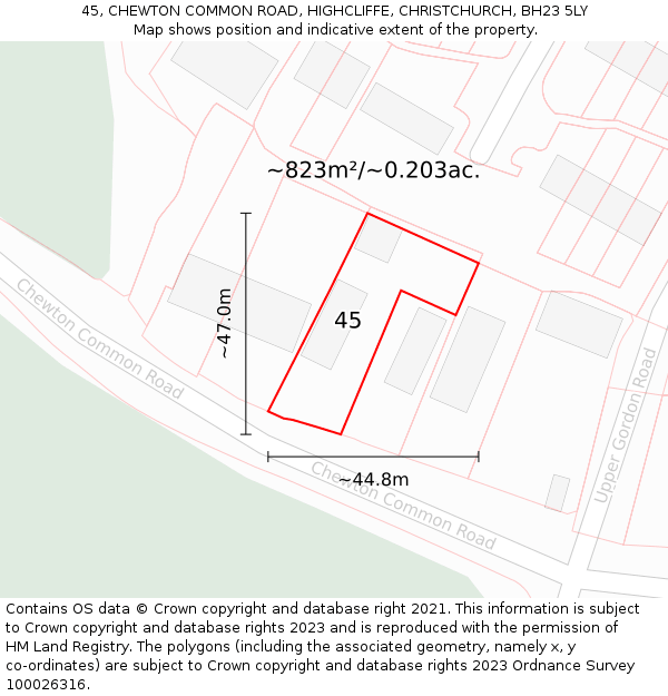 45, CHEWTON COMMON ROAD, HIGHCLIFFE, CHRISTCHURCH, BH23 5LY: Plot and title map