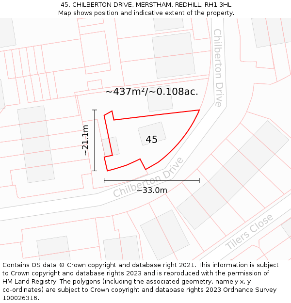 45, CHILBERTON DRIVE, MERSTHAM, REDHILL, RH1 3HL: Plot and title map