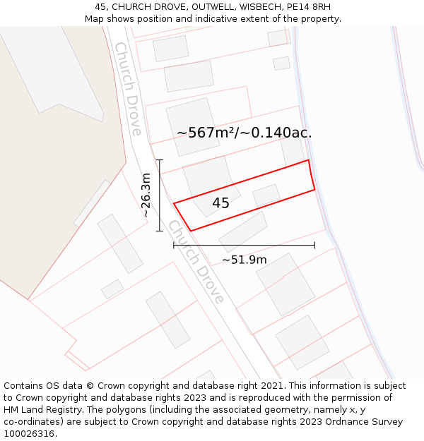 45, CHURCH DROVE, OUTWELL, WISBECH, PE14 8RH: Plot and title map