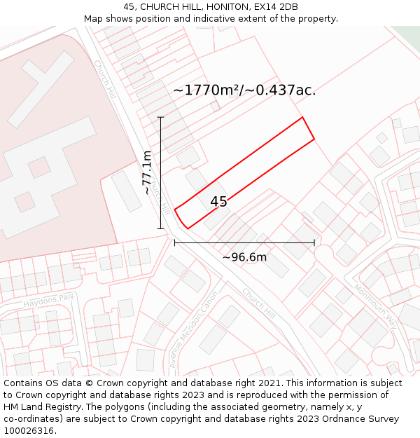 45, CHURCH HILL, HONITON, EX14 2DB: Plot and title map