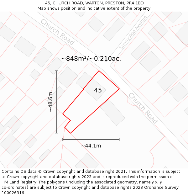 45, CHURCH ROAD, WARTON, PRESTON, PR4 1BD: Plot and title map