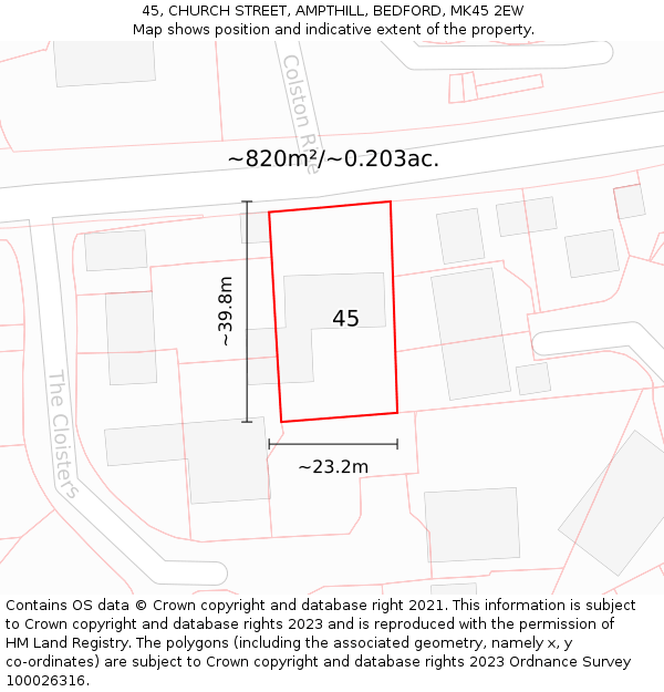 45, CHURCH STREET, AMPTHILL, BEDFORD, MK45 2EW: Plot and title map