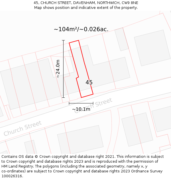 45, CHURCH STREET, DAVENHAM, NORTHWICH, CW9 8NE: Plot and title map