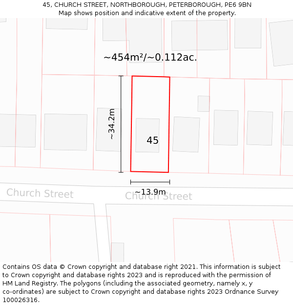 45, CHURCH STREET, NORTHBOROUGH, PETERBOROUGH, PE6 9BN: Plot and title map