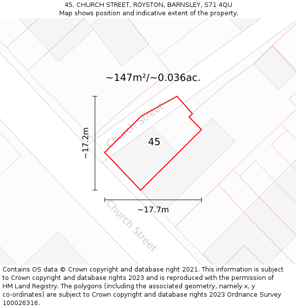 45, CHURCH STREET, ROYSTON, BARNSLEY, S71 4QU: Plot and title map